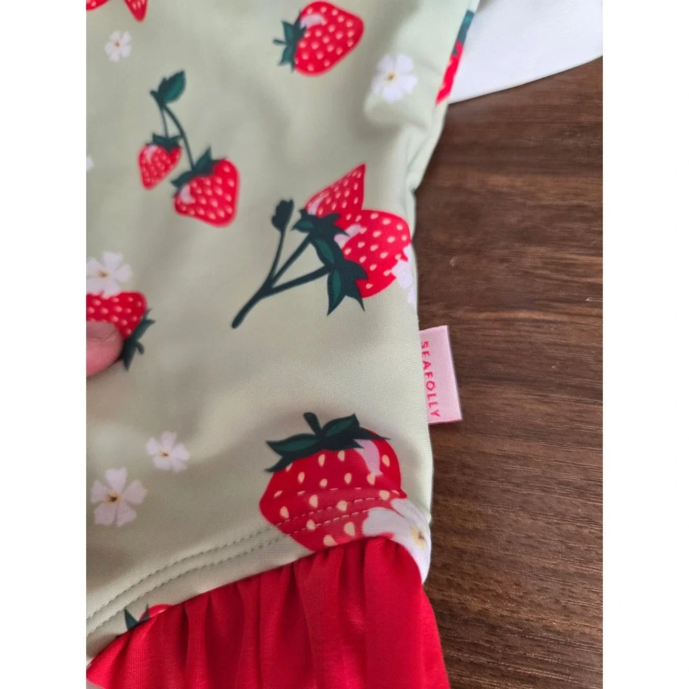 Seafolly‎ Girls Strawberry Ruffle One Piece Swimsuit Sage Green Red Size 2 92cm